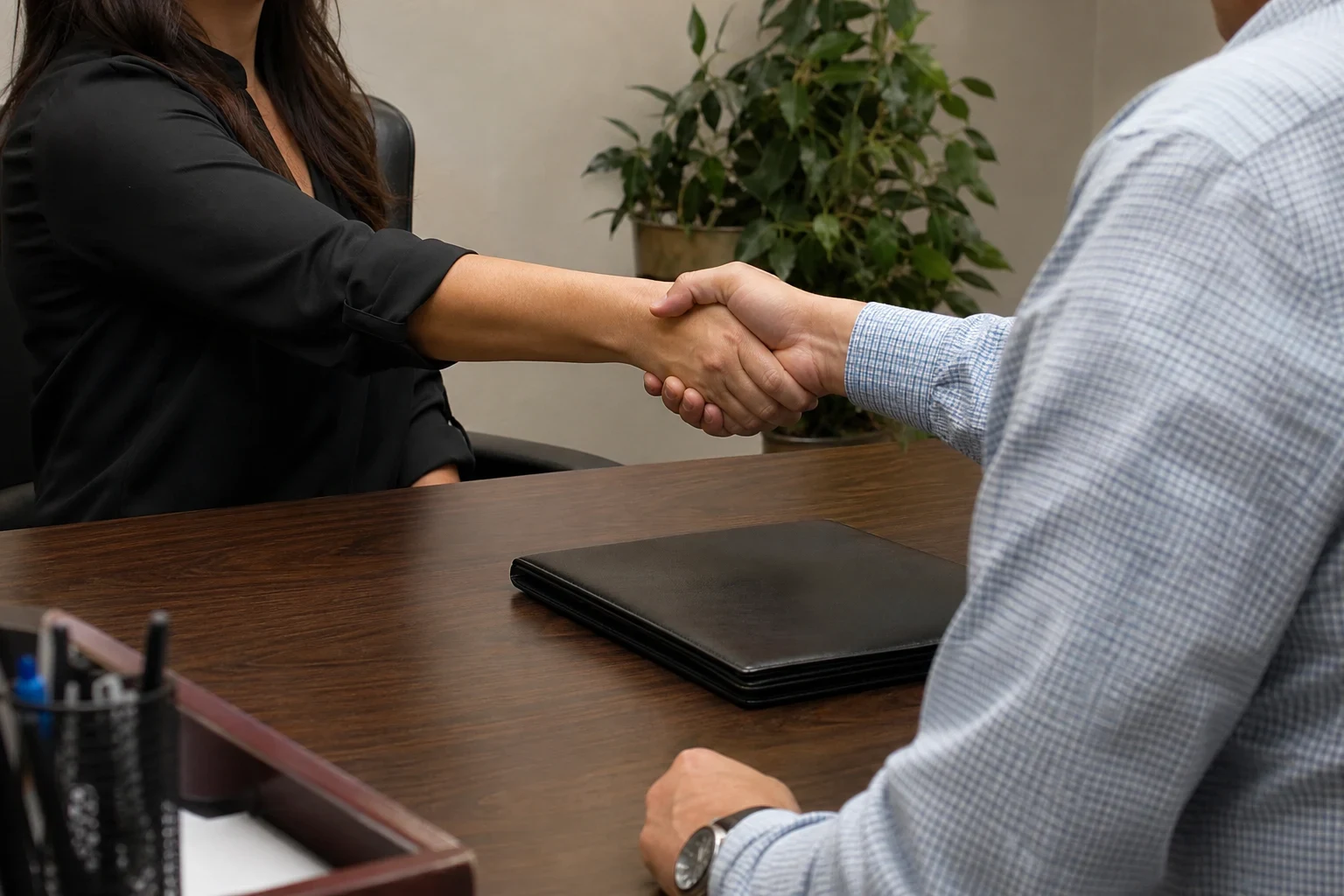 Two people shake hands across a dark wooden office desk with a closed black leather folder, pen holder in front and a potted plant against a plain wall behind