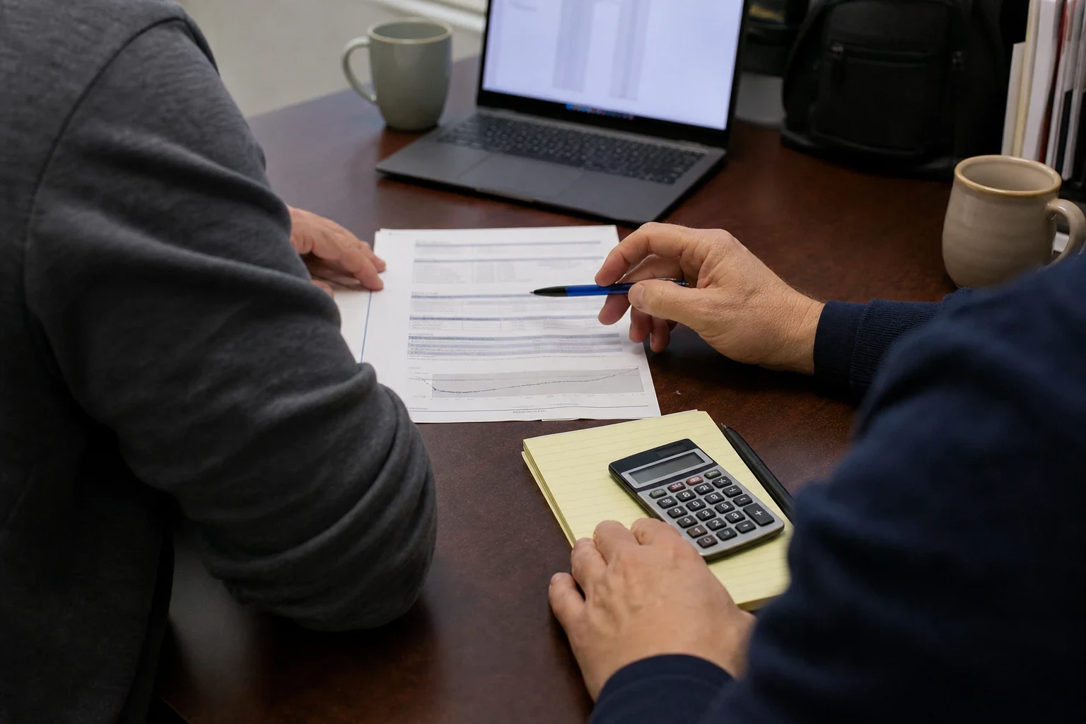 Two people at a wooden office desk reviewing a printed statement with a chart, one pointing with a pen, beside a yellow notepad, calculator, laptop and mugs